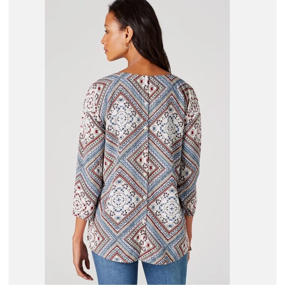 J. Jill Diamond Print Blouse Size LARGE 3/4 Sleeve Boat Neck Abalone Button Back - Picture 11 of 15